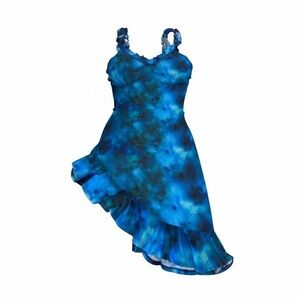 Almost Famous Blue Watercolor Ruffle Dress – Size L – Asymmetrical Hem